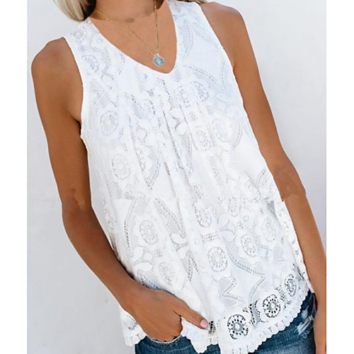 

Women's Blouse Tank Top Vest Solid Colored Lace V Neck Basic Tops Blue Yellow White