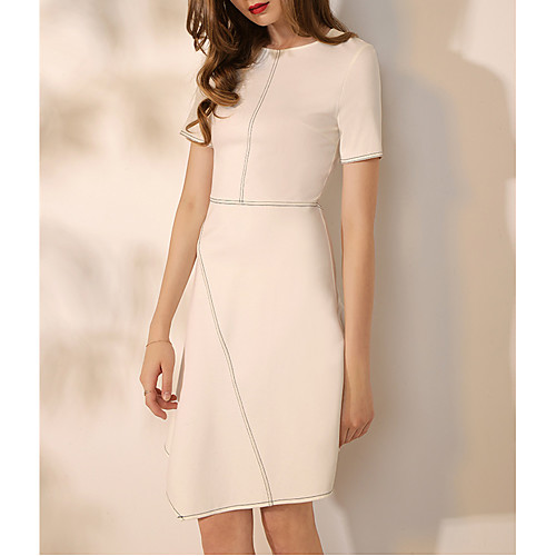 

A-Line White Graduation Cocktail Party Dress Jewel Neck Short Sleeve Asymmetrical Spandex with Pattern / Print 2021
