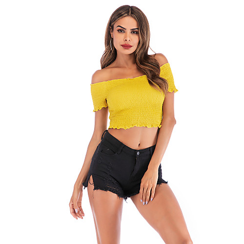 

Women's T shirt Solid Colored Ruffle Off Shoulder Basic Streetwear Tops White Black Yellow