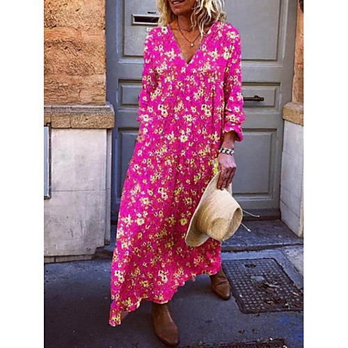 

Women's A Line Dress Maxi long Dress Yellow Fuchsia Light Blue Long Sleeve Floral V Neck Beach Loose S M L XL XXL 3XL 4XL 5XL