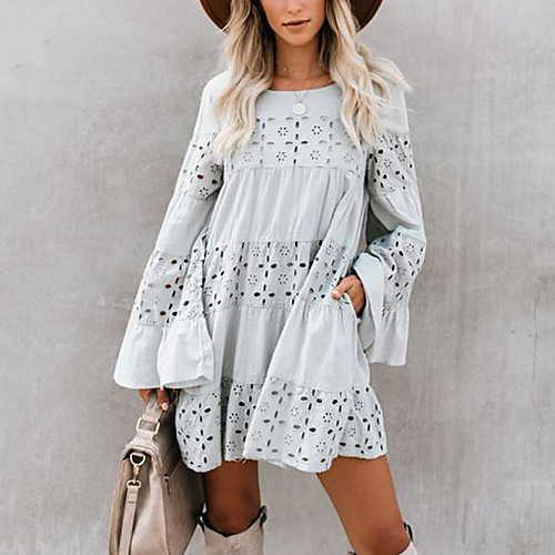 

Women's Shift Dress - Long Sleeve Solid Color Holiday Vacation Beach Loose White Yellow Blushing Pink Gray S M L XL / Lace