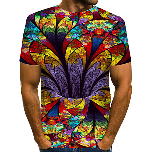 

Men's T shirt Shirt Graphic Geometric 3D Plus Size Pleated Print Short Sleeve Daily Tops Streetwear Exaggerated Round Neck Rainbow