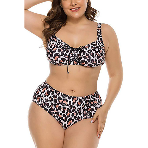 

Women's Tankini Swimsuit Bow Print Leopard Black Plus Size Swimwear Halter Bathing Suits / Padded Bras