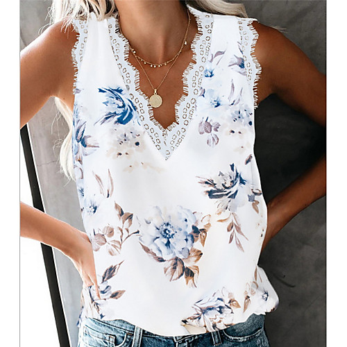 

Women's Blouse Tank Top Floral Flower V Neck Tops White Black Beige