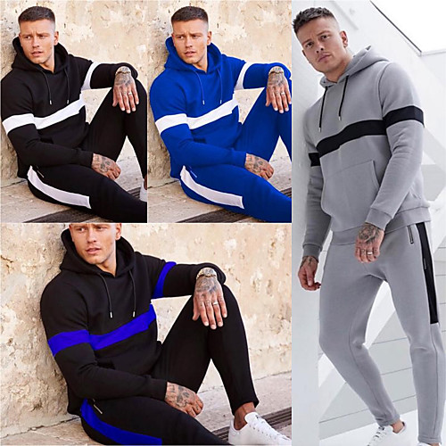 

Men's 2 Piece Tracksuit Sweatsuit Street Casual Winter Long Sleeve Windproof Breathable Soft Fitness Gym Workout Running Jogging Sportswear Stripes Hoodie Black Blue BlackWhite Gray Activewear