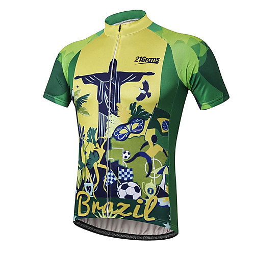 

21Grams Men's Short Sleeve Cycling Jersey Summer Spandex Polyester Green / Yellow Brazil National Flag Bike Jersey Top Mountain Bike MTB Road Bike Cycling UV Resistant Quick Dry Breathable Sports