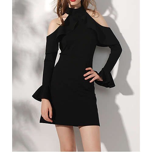 

A-Line Little Black Dress Homecoming Cocktail Party Dress Halter Neck Long Sleeve Short / Mini Spandex with Ruffles 2021