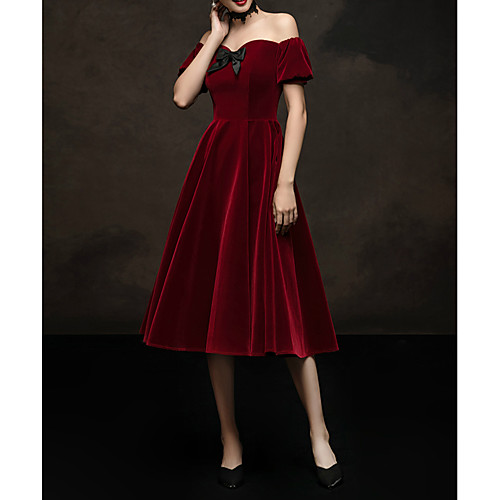 

A-Line Vintage Cocktail Party Prom Valentine's Day Dress Off Shoulder Short Sleeve Tea Length Velvet with Bow(s) 2021