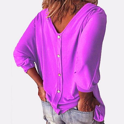 

Women's T shirt Solid Colored Long Sleeve Button V Neck Basic Casual Tops Loose Cotton Blue Purple Wine