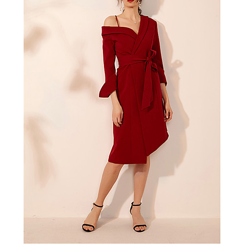 

A-Line Sexy Wedding Guest Cocktail Party Dress Spaghetti Strap Long Sleeve Knee Length Spandex with Bow(s) 2021