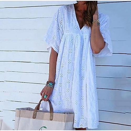 

Women's Shift Dress White Short Sleeves Solid Color V Neck Loose S M L XL XXL