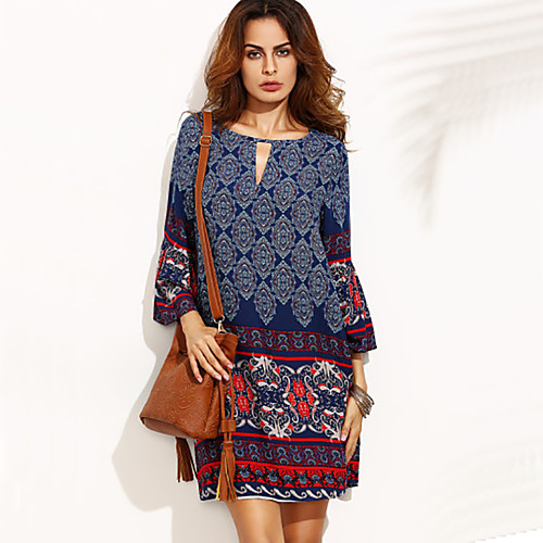 

Women's Chiffon Dress Blue Long Sleeve Black & Red Plaid Print Deep V Boho Going out Flare Cuff Sleeve Loose M L XL XXL