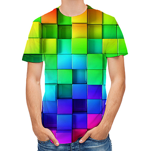 

Men's T shirt Shirt Graphic Geometric Print Short Sleeve Daily Tops Round Neck Rainbow