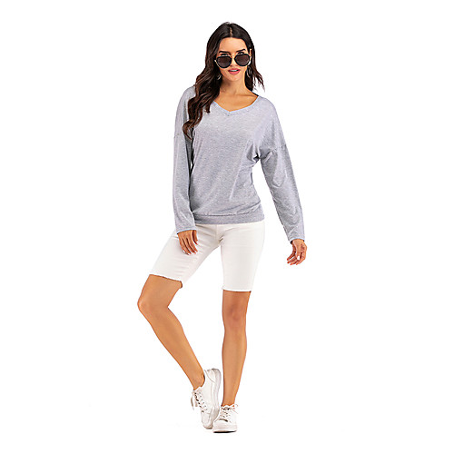 

Women's T shirt Solid Colored Long Sleeve Backless Round Neck Basic Streetwear Tops Gray