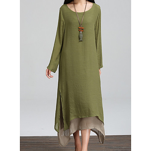 

Women's Shift Dress Maxi long Dress Army Green Orange Dark Gray Long Sleeve Solid Color Color Block Round Neck Loose M L XL XXL