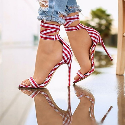 

Women's Sandals Stiletto Heel Round Toe Daily Canvas Black Red Blue