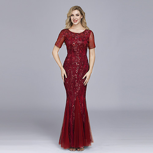 

Mermaid / Trumpet Empire Elegant Prom Formal Evening Dress Jewel Neck Short Sleeve Floor Length Tulle with Embroidery 2021