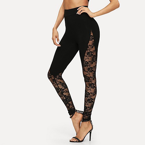 

Women's Sporty Sexy Slim Party / Evening Daily Wear Leggings Relaxed Pants Solid Colored Full Length Lace Patchwork Black / Skinny