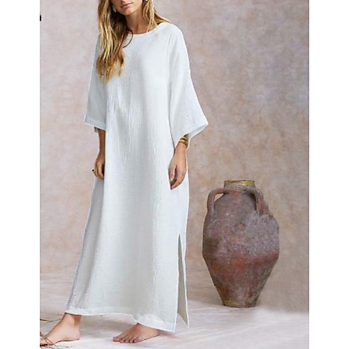 

Women's Loose Maxi long Dress Khaki White Black 3/4 Length Sleeve Solid Color Split Spring Summer Round Neck Hot S M L XL XXL 3XL 4XL / Cotton / Cotton