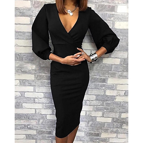 

Women's Sheath Dress - 3/4 Length Sleeve Solid Colored V Neck Slim Navy Blue S M L XL XXL