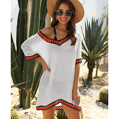 

Women's Shift Dress White Black Navy Blue Beige Half Sleeve Color Block V Neck Loose M L XL