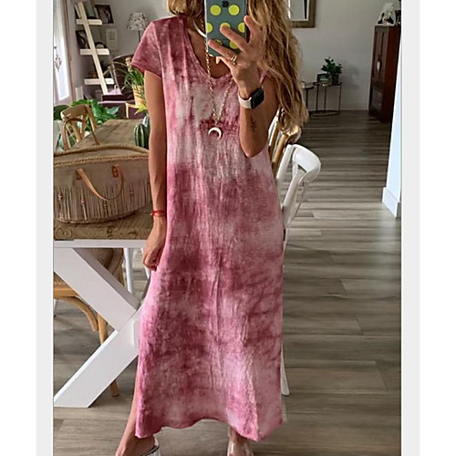 

Women's A Line Dress Blue Purple Wine Green Orange Short Sleeves Print Tie Dye Summer V Neck Maxi Dress 2021 S M L XL XXL 3XL / Cotton / Cotton