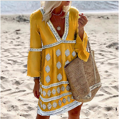 

Women's Shift Dress Yellow 3/4 Length Sleeve Solid Color V Neck Loose S M L XL XXL