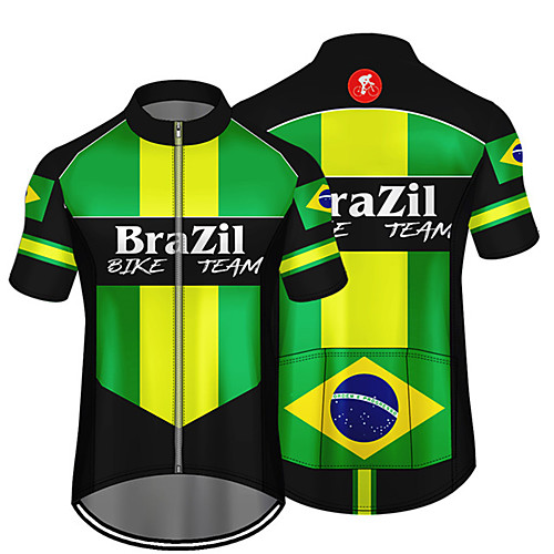 

21Grams Men's Short Sleeve Cycling Jersey Summer Spandex Polyester Green / Black Brazil National Flag Bike Jersey Top Mountain Bike MTB Road Bike Cycling UV Resistant Quick Dry Breathable Sports