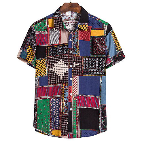 

Men's Shirt Floral Color Block Geometric Print Short Sleeve Party Tops Tropical Blue Blushing Pink Wine