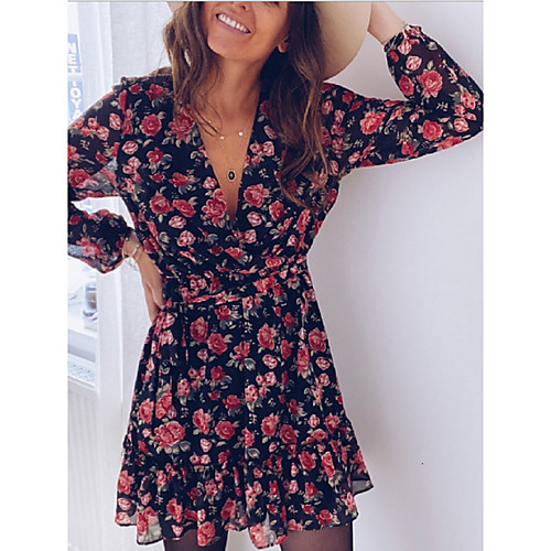 

Women's Sheath Dress Black Long Sleeve Print V Neck S M L XL XXL