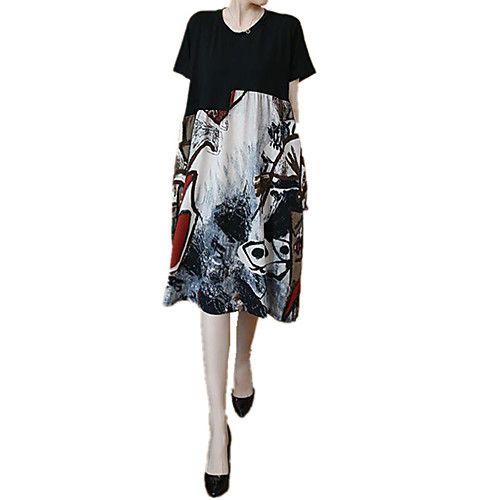 

Women's Loose Knee Length Dress Black Short Sleeve Geometric Patchwork Print Round Neck Casual Chinoiserie Going out Loose L XL XXL 3XL 4XL 5XL
