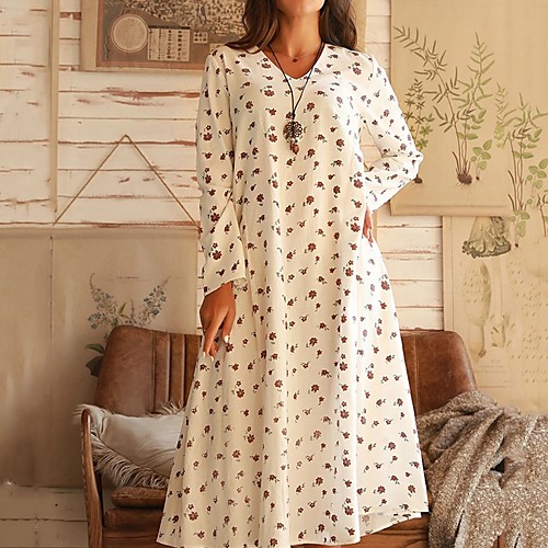 

Women's Loose Beige Long Sleeve Floral V Neck Loose M L XL XXL