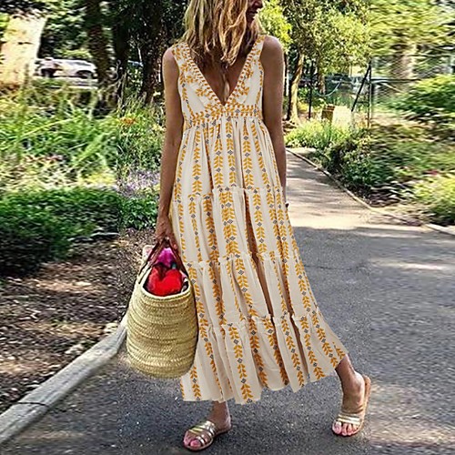 

Women's Loose Maxi long Dress Yellow Sleeveless Print Deep V Loose S M L XL