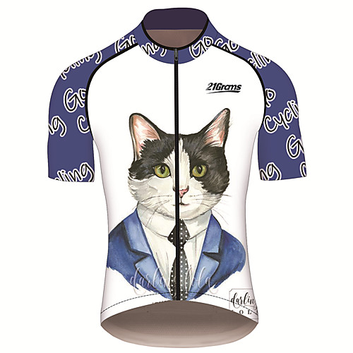 

21Grams Men's Short Sleeve Cycling Jersey Summer Spandex Polyester BlueWhite Cat Animal Bike Jersey Top Mountain Bike MTB Road Bike Cycling UV Resistant Quick Dry Breathable Sports Clothing Apparel