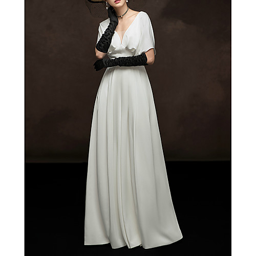 

A-Line White Elegant Engagement Formal Evening Dress V Neck Short Sleeve Floor Length Satin with Pleats 2021