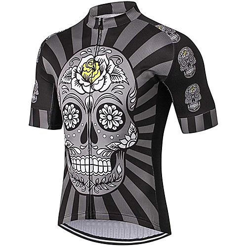

21Grams Men's Short Sleeve Cycling Jersey Summer Spandex Polyester Grey Sugar Skull Skull Floral Botanical Bike Jersey Top Mountain Bike MTB Road Bike Cycling UV Resistant Quick Dry Breathable Sports