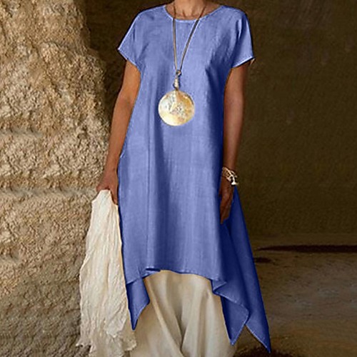 

Women's Loose Purple Wine Beige Light Blue Short Sleeves Color Block Round Neck Loose S L XL / Maxi