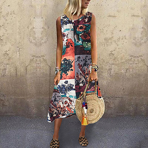 

Women's Loose Brown Sleeveless Floral Print Spring & Summer Round Neck Holiday Loose M L XL XXL / Asymmetrical