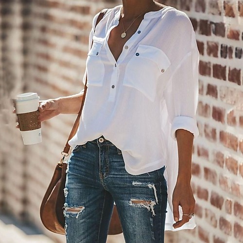 

Women's Blouse Shirt Solid Colored Long Sleeve V Neck Tops White Black