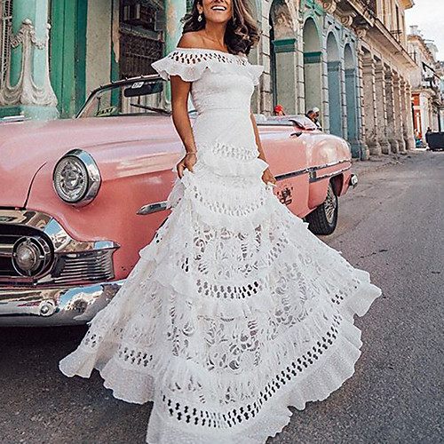 

Women's A Line Dress Maxi long Dress White Short Sleeve Solid Color Ruffle Spring & Summer Off Shoulder Party Hot Holiday Holiday Beach 2021 S M L XL / Lace
