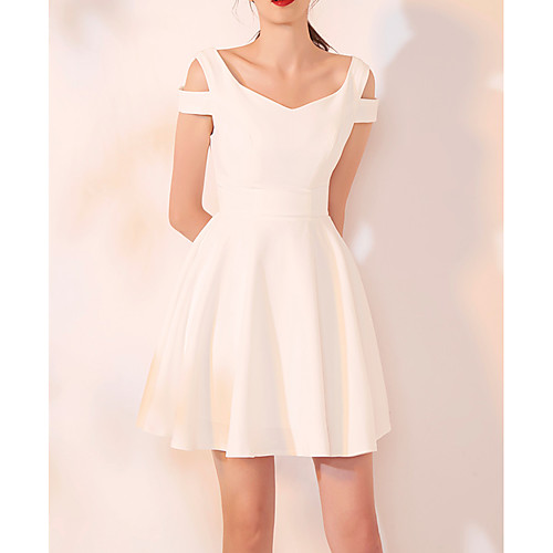 

A-Line Minimalist White Homecoming Cocktail Party Dress V Neck Short Sleeve Short / Mini Spandex with Pleats 2021