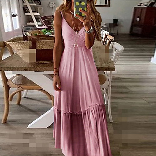 

Women's A Line Dress Maxi long Dress Blue Purple Yellow Blushing Pink Wine Gray Sleeveless Solid Color Pleated Summer V Neck S M L XL XXL 3XL 4XL 5XL / Plus Size / Plus Size