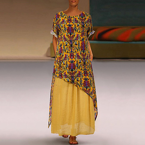 

Women's A Line Dress Yellow White Short Sleeves Floral Print Spring & Summer Round Neck Plus Size Holiday Loose S M L XL XXL 3XL 4XL 5XL / Maxi