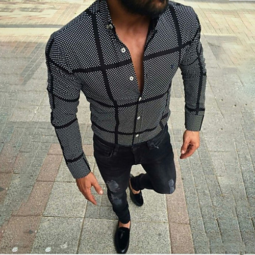 

Men's Shirt Striped Plaid Print Long Sleeve Daily Tops Black