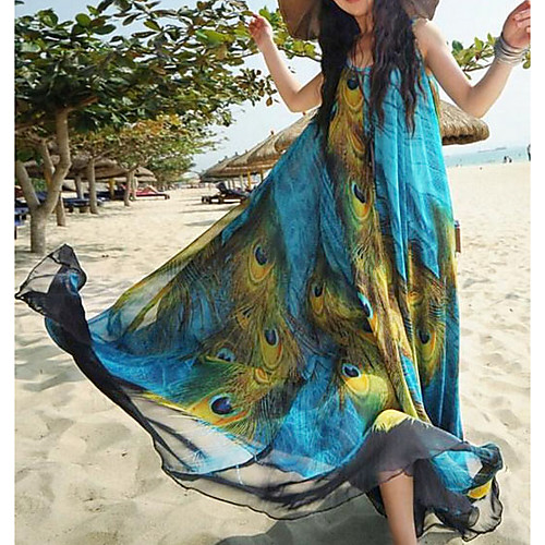 

Women's Maxi A Line Dress - Sleeveless Print V Neck Blue M L XL XXL XXXL