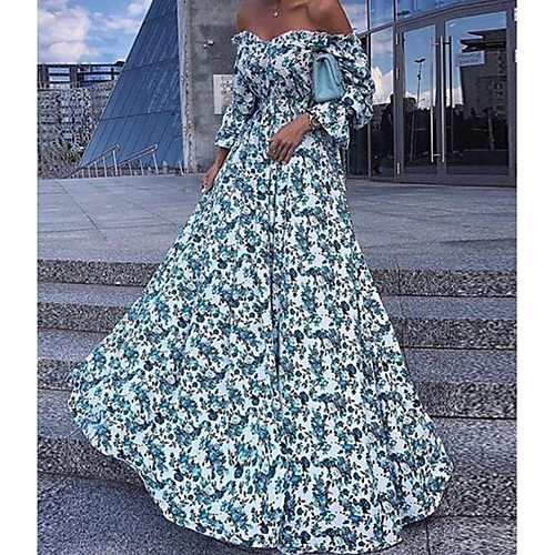 

Women's Swing Dress Maxi long Dress Light Blue Long Sleeve Floral Print Spring & Summer Off Shoulder Maxi Dress Holiday Beach S M L XL