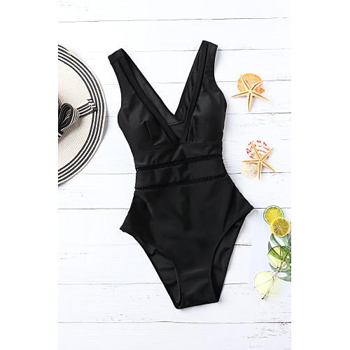 

Women's One Piece Swimsuit Criss Cross Lace Black Swimwear Halter Bathing Suits