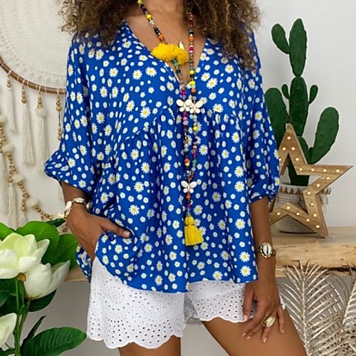 

Women's T shirt Floral Flower V Neck Tops Black Blue Red