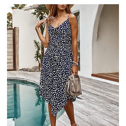 

Women's A Line Dress Orange White Navy Blue Sleeveless Print Strap S M L XL