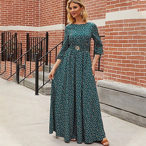 

Women's Swing Dress Green 3/4 Length Sleeve Floral Round Neck S M L XL XXL / Maxi